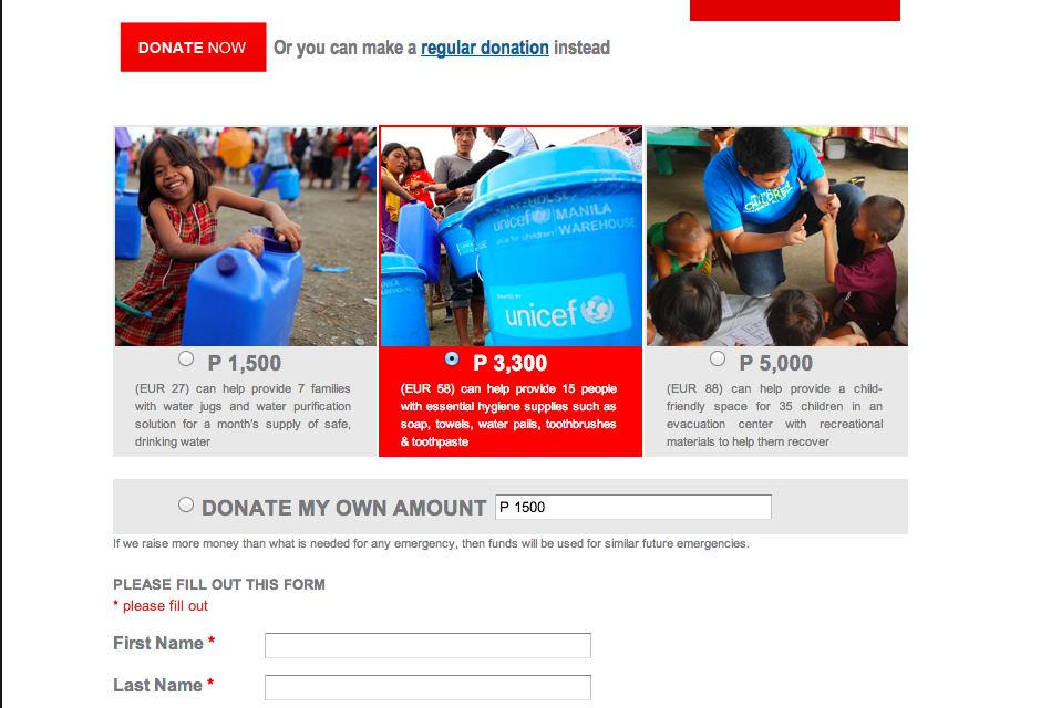 Unicef Donation page screenshot